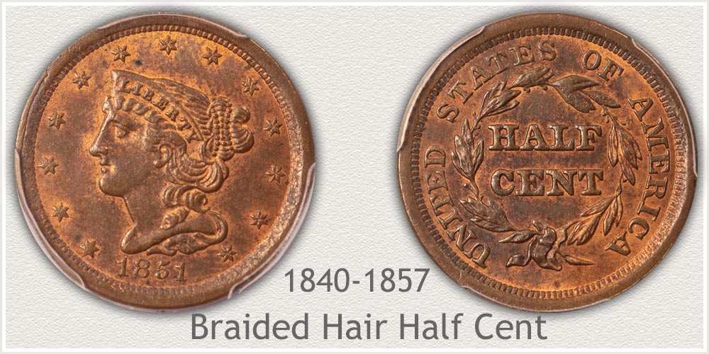 1851 Year Braided Hair US Half Cents (1840-1857) for sale