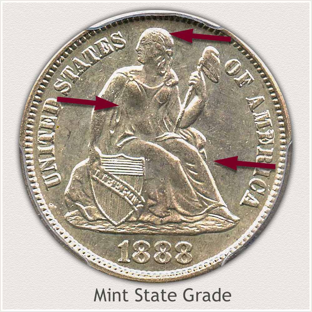 Obverse View: Mint State Grade Legend Obverse-Seated Dime
