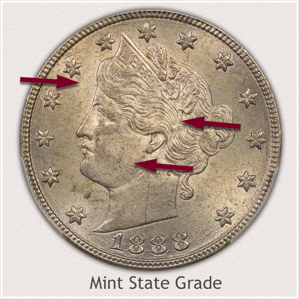 Obverse View of an 1888 Liberty Nickel in Mint State Grade