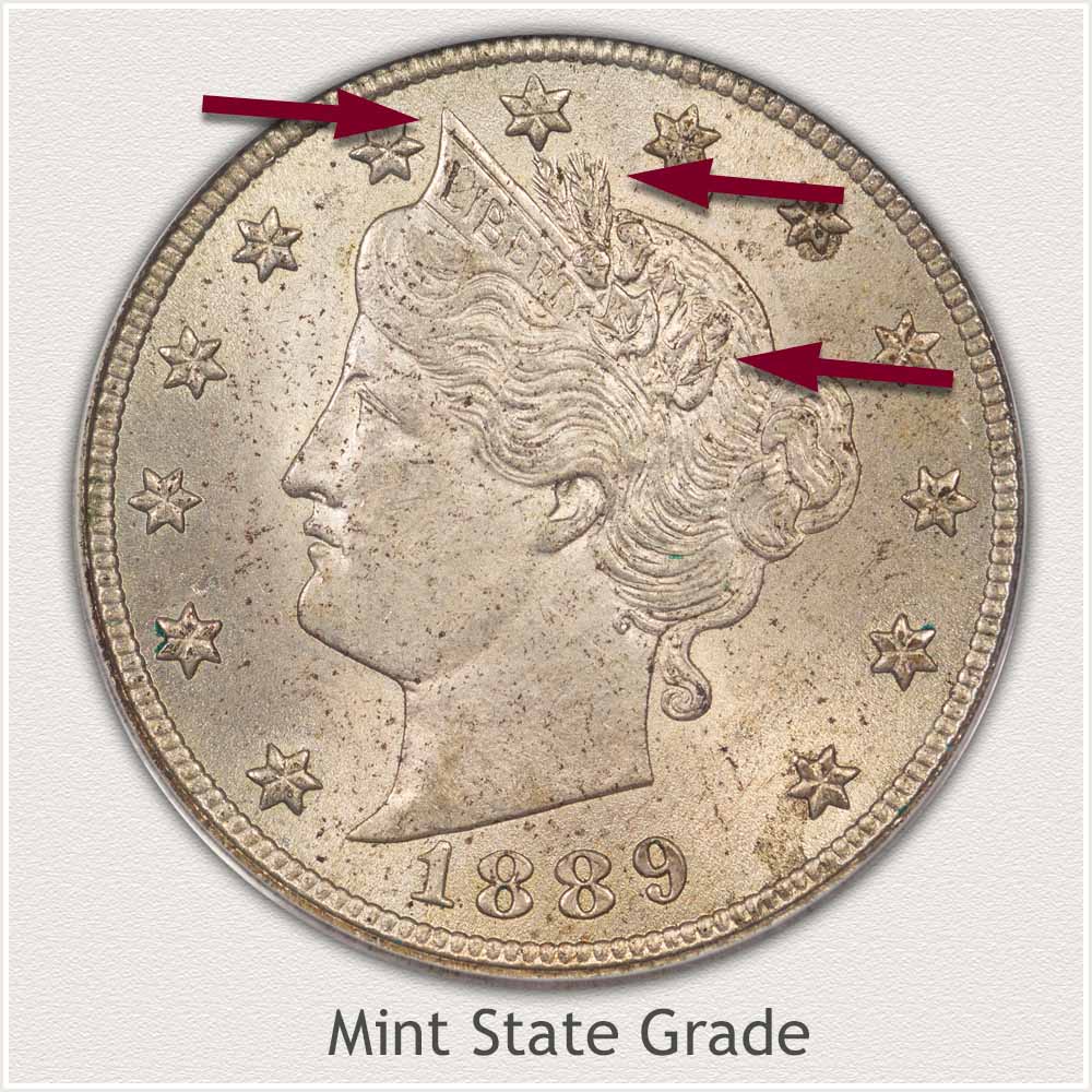 Obverse of Mint State Grade 1889 Liberty Nickel