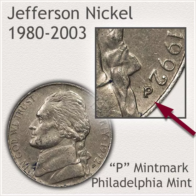 Jefferson Nickel 1980 to 2003 Obverse Philadelphia  Mintmark 