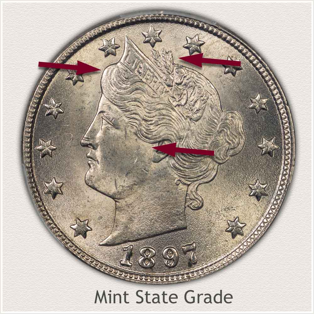 Obverse View of a Mint State 1897 Liberty Nickel